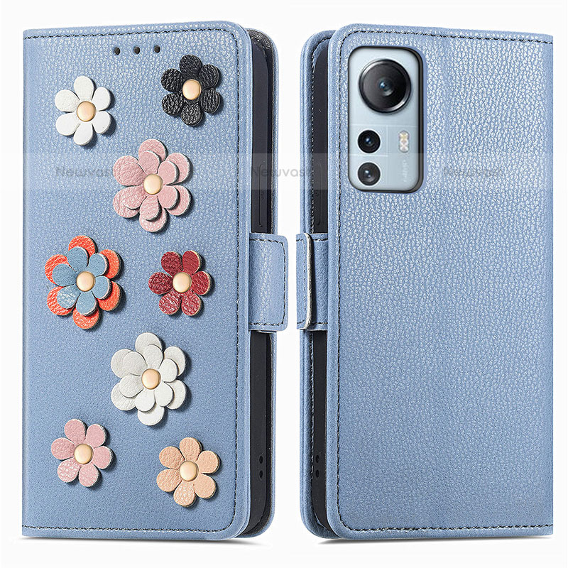 Leather Case Stands Flip Flowers Cover Holder L01 for Xiaomi Mi 12 Pro 5G Blue