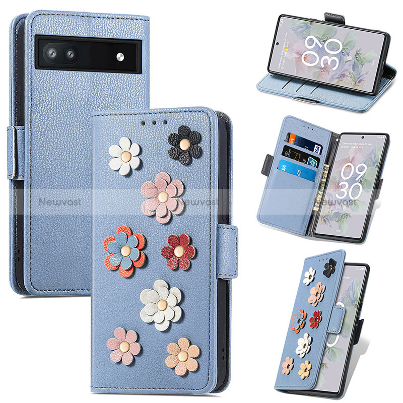 Leather Case Stands Flip Flowers Cover Holder S02D for Google Pixel 6a 5G