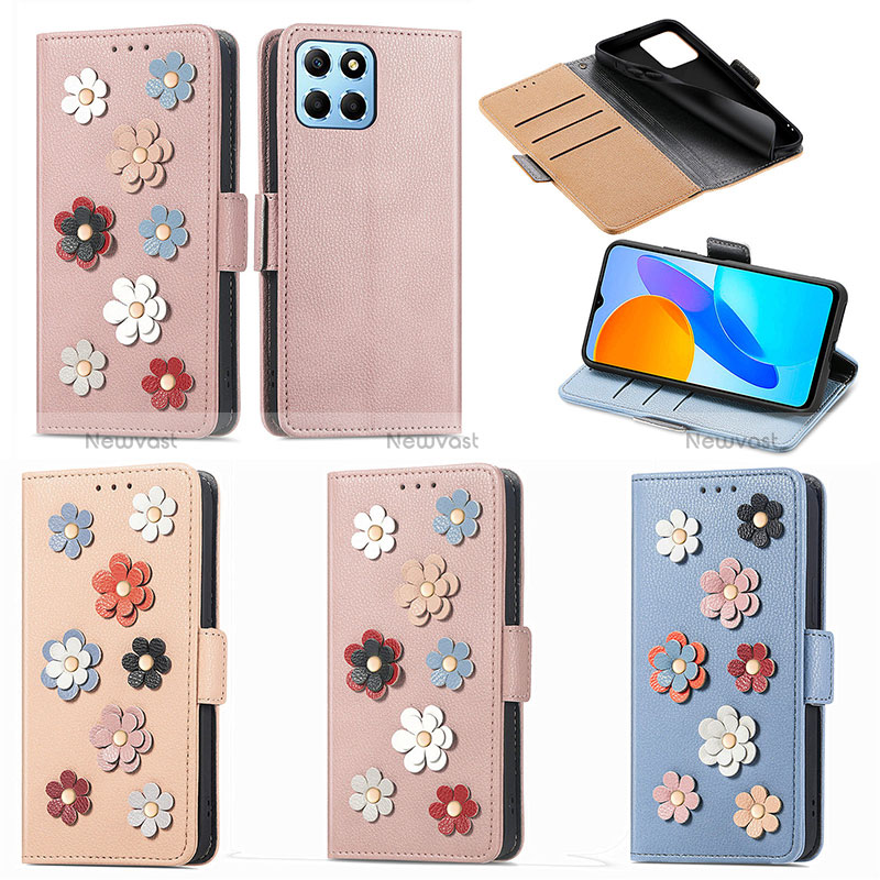 Leather Case Stands Flip Flowers Cover Holder S02D for Huawei Honor 70 Lite 5G