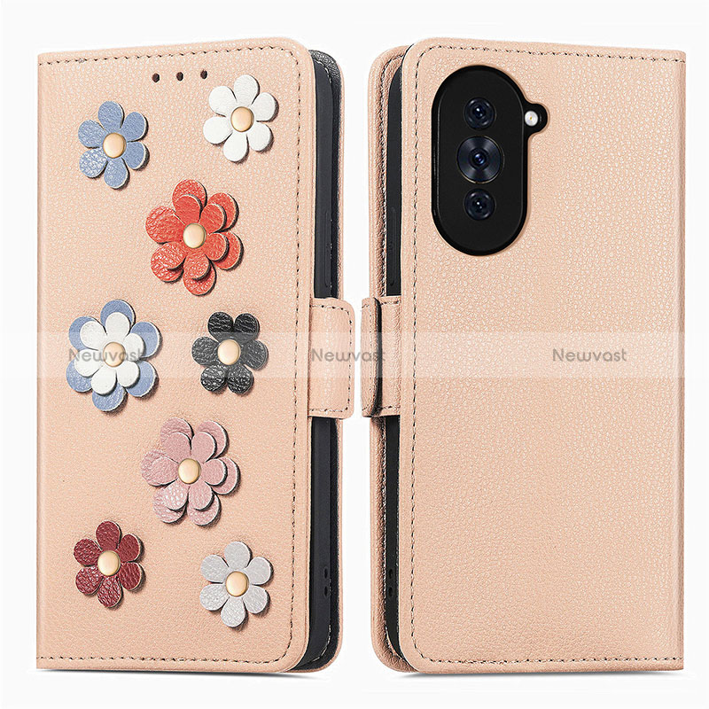 Leather Case Stands Flip Flowers Cover Holder S02D for Huawei Nova 10 Pro Khaki