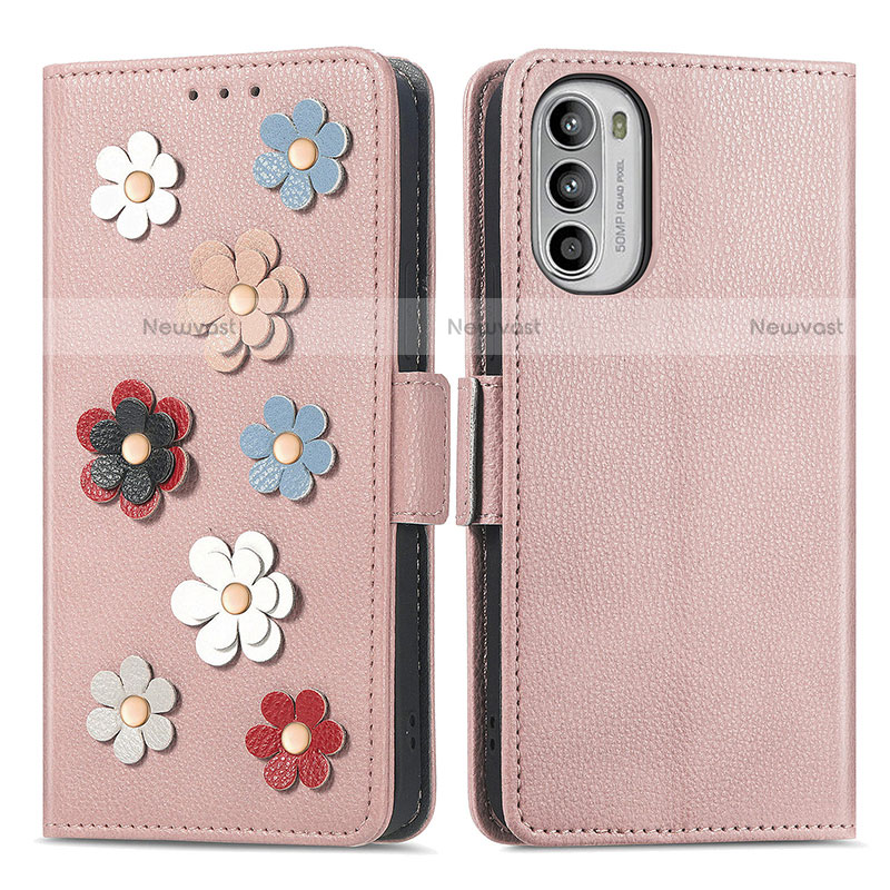 Leather Case Stands Flip Flowers Cover Holder S02D for Motorola Moto Edge (2022) 5G Rose Gold