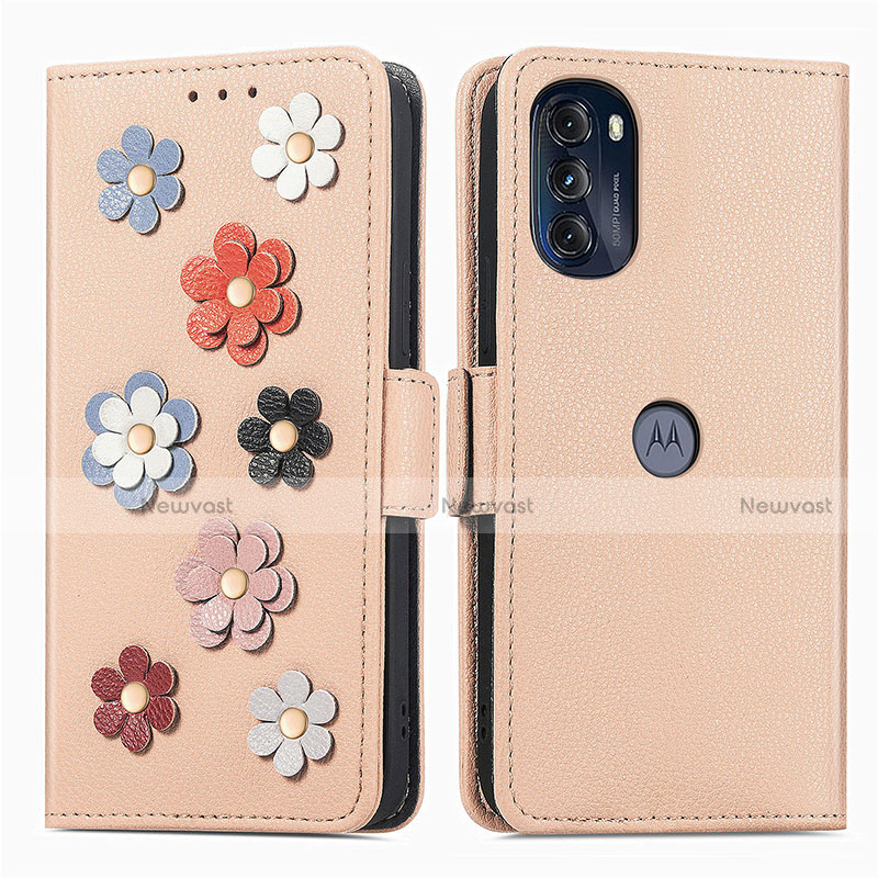 Leather Case Stands Flip Flowers Cover Holder S02D for Motorola Moto G 5G (2022) Khaki