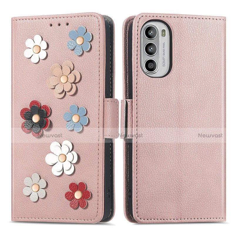 Leather Case Stands Flip Flowers Cover Holder S02D for Motorola Moto G71s 5G Rose Gold