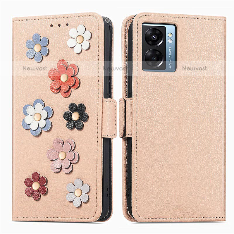 Leather Case Stands Flip Flowers Cover Holder S02D for OnePlus Nord N300 5G Khaki