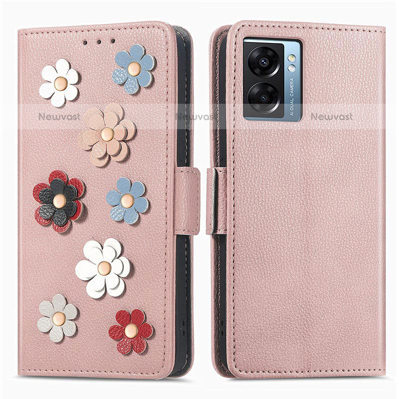 Leather Case Stands Flip Flowers Cover Holder S02D for OnePlus Nord N300 5G Rose Gold