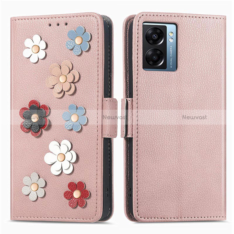 Leather Case Stands Flip Flowers Cover Holder S02D for Oppo K10 5G India Rose Gold