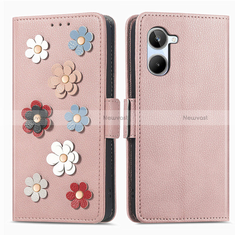 Leather Case Stands Flip Flowers Cover Holder S02D for Realme 10 4G Rose Gold