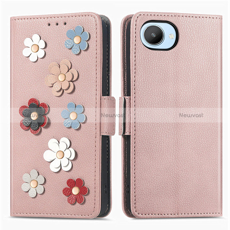 Leather Case Stands Flip Flowers Cover Holder S02D for Realme C30s