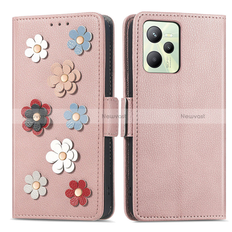 Leather Case Stands Flip Flowers Cover Holder S02D for Realme C35 Rose Gold