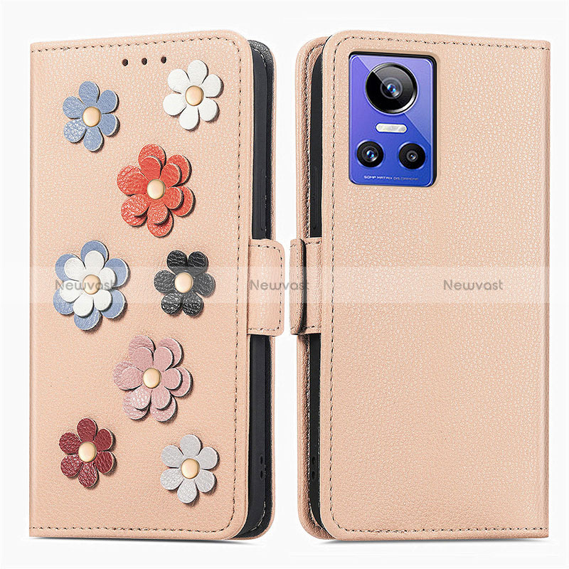 Leather Case Stands Flip Flowers Cover Holder S02D for Realme GT Neo3 5G Khaki