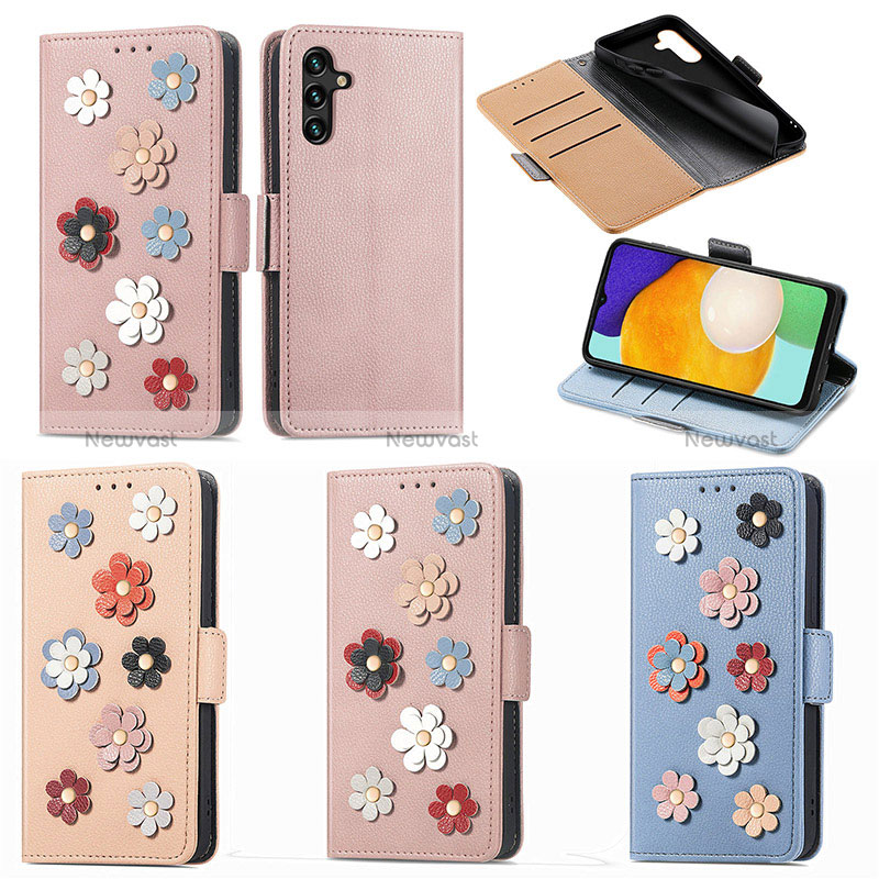 Leather Case Stands Flip Flowers Cover Holder S02D for Samsung Galaxy A04s