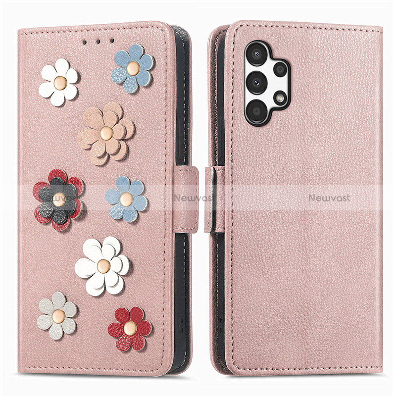 Leather Case Stands Flip Flowers Cover Holder S02D for Samsung Galaxy A13 4G Rose Gold