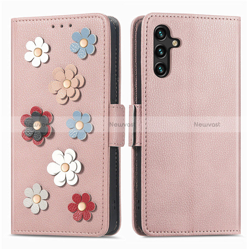 Leather Case Stands Flip Flowers Cover Holder S02D for Samsung Galaxy A13 5G Rose Gold