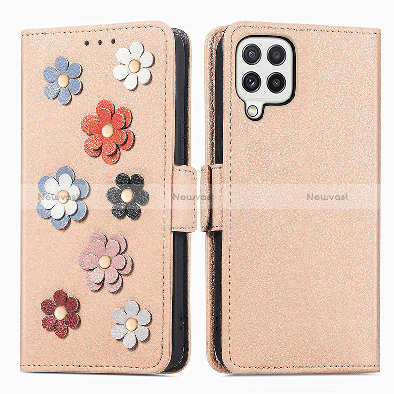 Leather Case Stands Flip Flowers Cover Holder S02D for Samsung Galaxy A22 4G