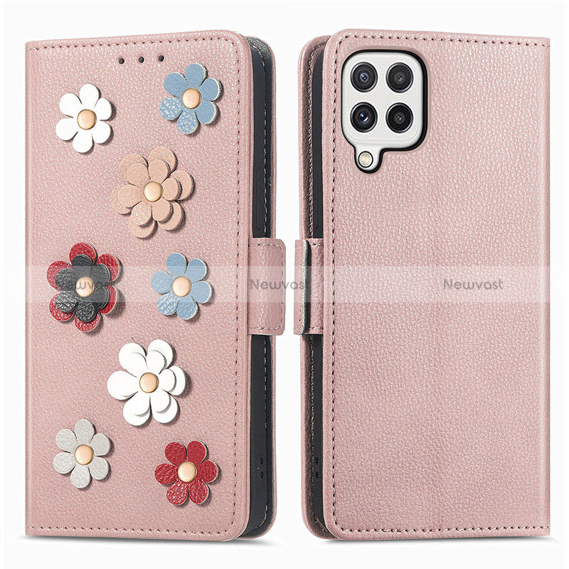 Leather Case Stands Flip Flowers Cover Holder S02D for Samsung Galaxy A22 4G