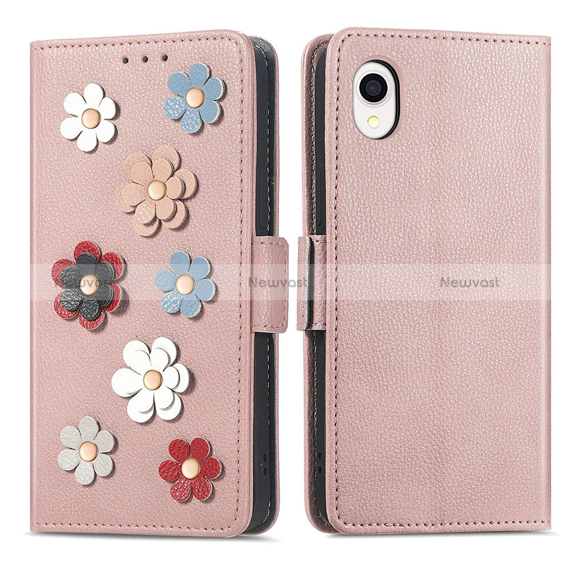 Leather Case Stands Flip Flowers Cover Holder S02D for Samsung Galaxy A22 5G SC-56B Rose Gold