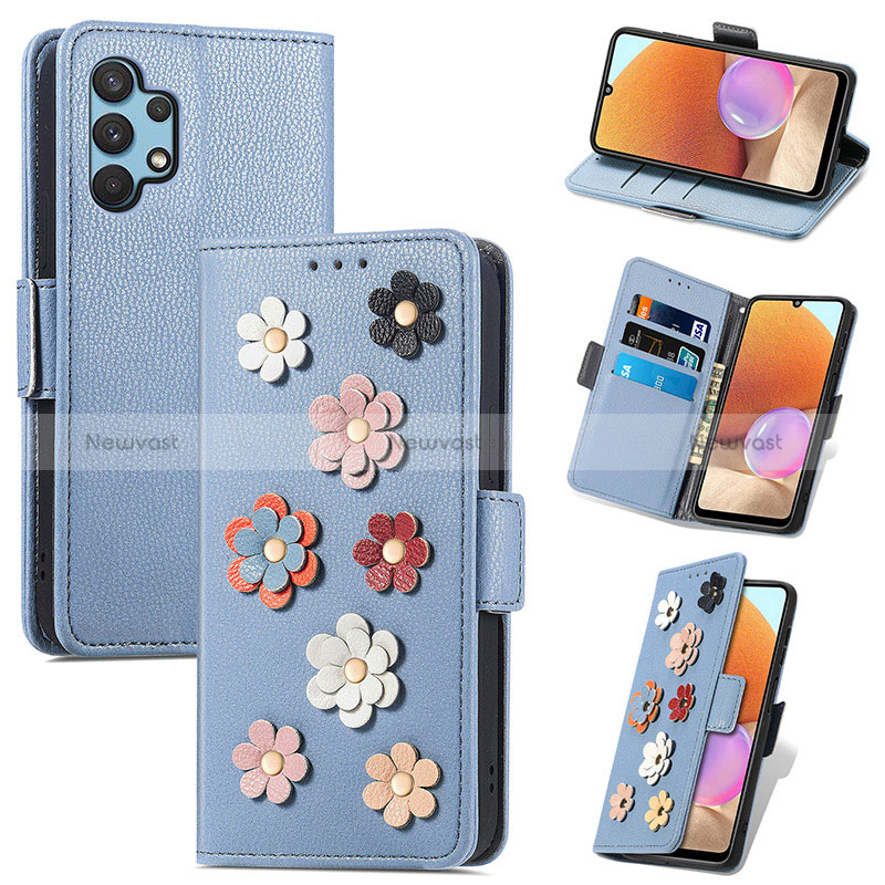 Leather Case Stands Flip Flowers Cover Holder S02D for Samsung Galaxy A32 4G