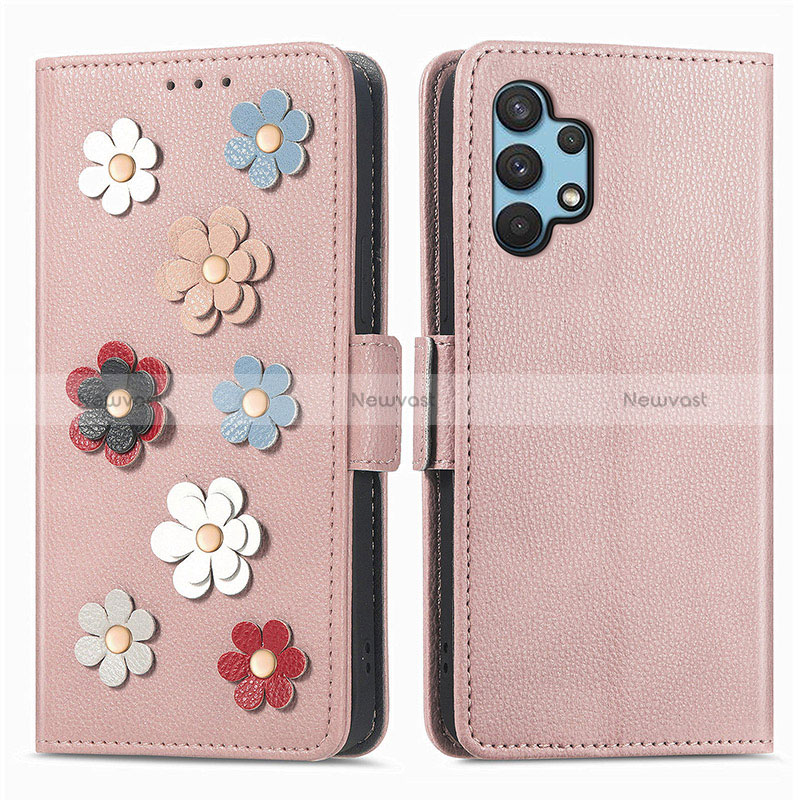 Leather Case Stands Flip Flowers Cover Holder S02D for Samsung Galaxy A32 4G Rose Gold