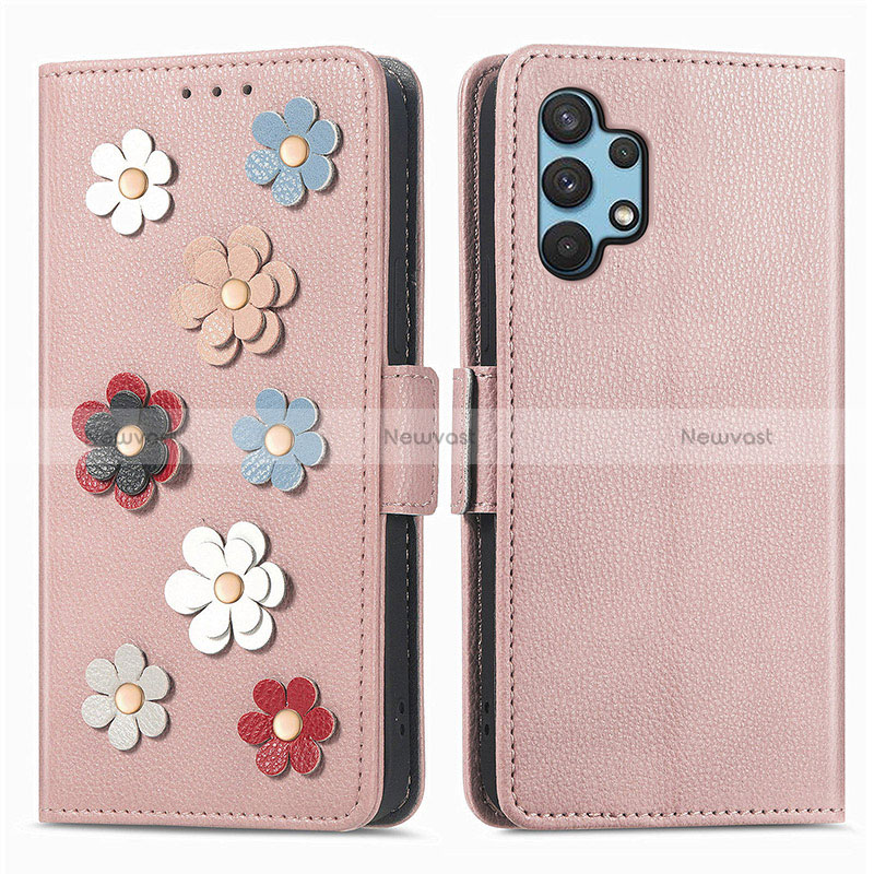 Leather Case Stands Flip Flowers Cover Holder S02D for Samsung Galaxy A32 5G