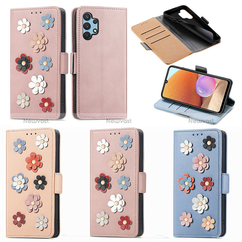 Leather Case Stands Flip Flowers Cover Holder S02D for Samsung Galaxy A32 5G