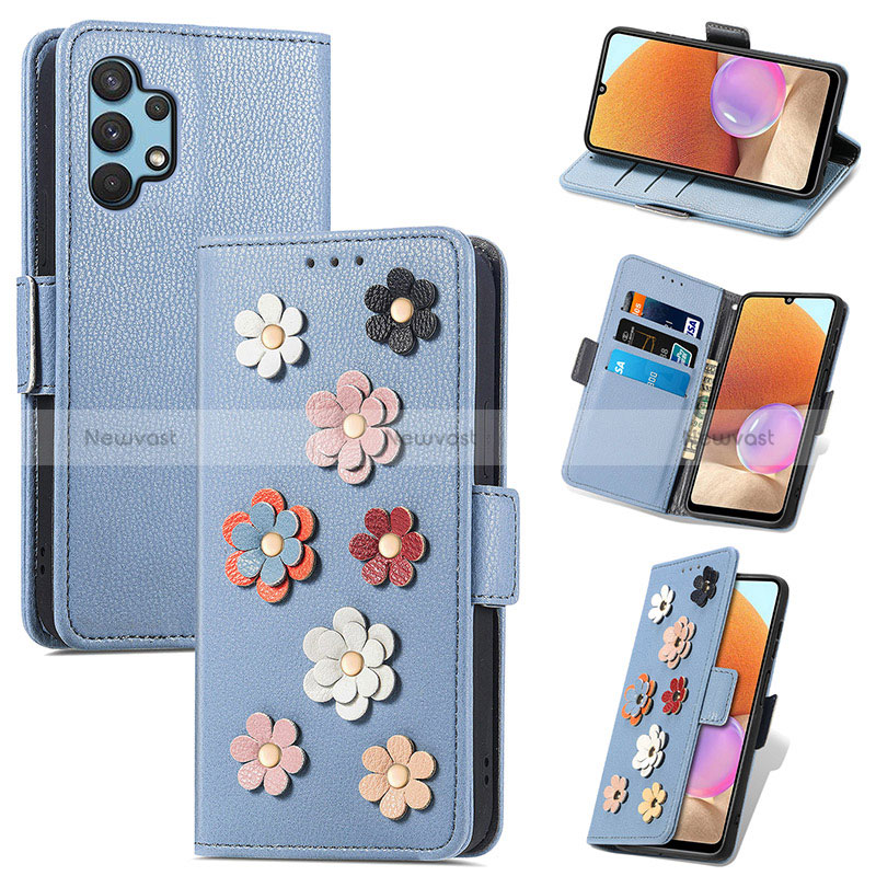 Leather Case Stands Flip Flowers Cover Holder S02D for Samsung Galaxy A32 5G