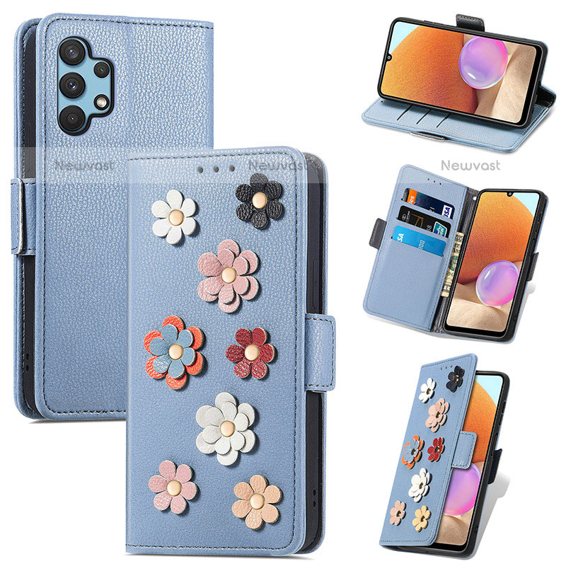 Leather Case Stands Flip Flowers Cover Holder S02D for Samsung Galaxy M32 5G