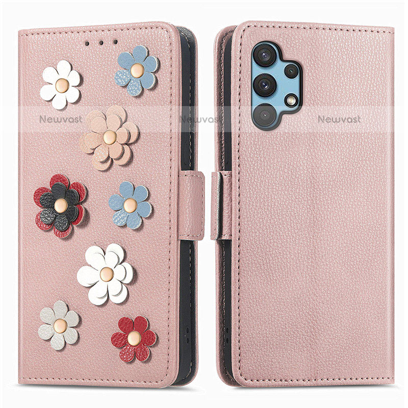 Leather Case Stands Flip Flowers Cover Holder S02D for Samsung Galaxy M32 5G Rose Gold