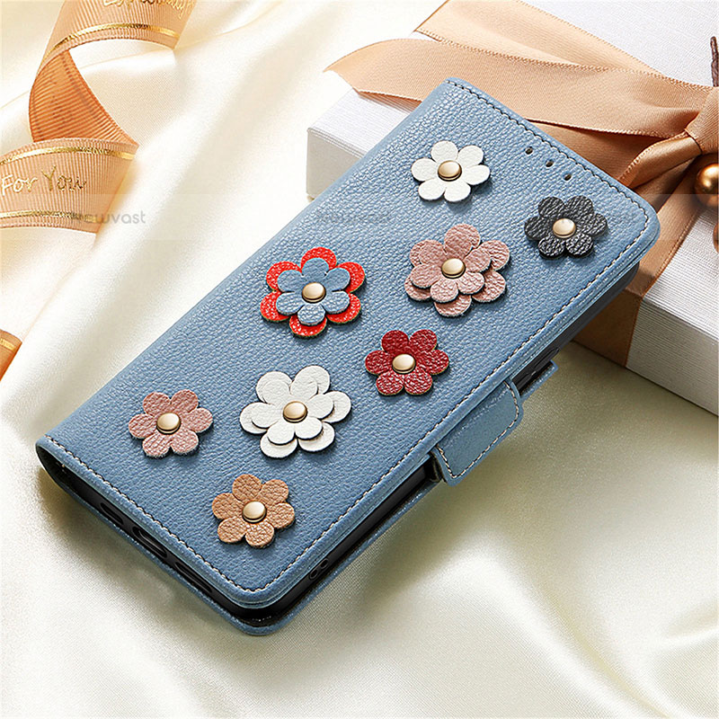 Leather Case Stands Flip Flowers Cover Holder S02D for Samsung Galaxy S21 FE 5G Blue