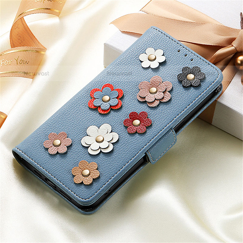 Leather Case Stands Flip Flowers Cover Holder S02D for Samsung Galaxy S21 Ultra 5G Blue