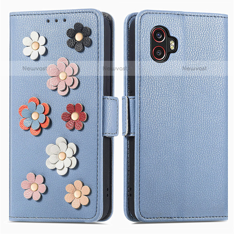 Leather Case Stands Flip Flowers Cover Holder S02D for Samsung Galaxy XCover 6 Pro 5G Blue