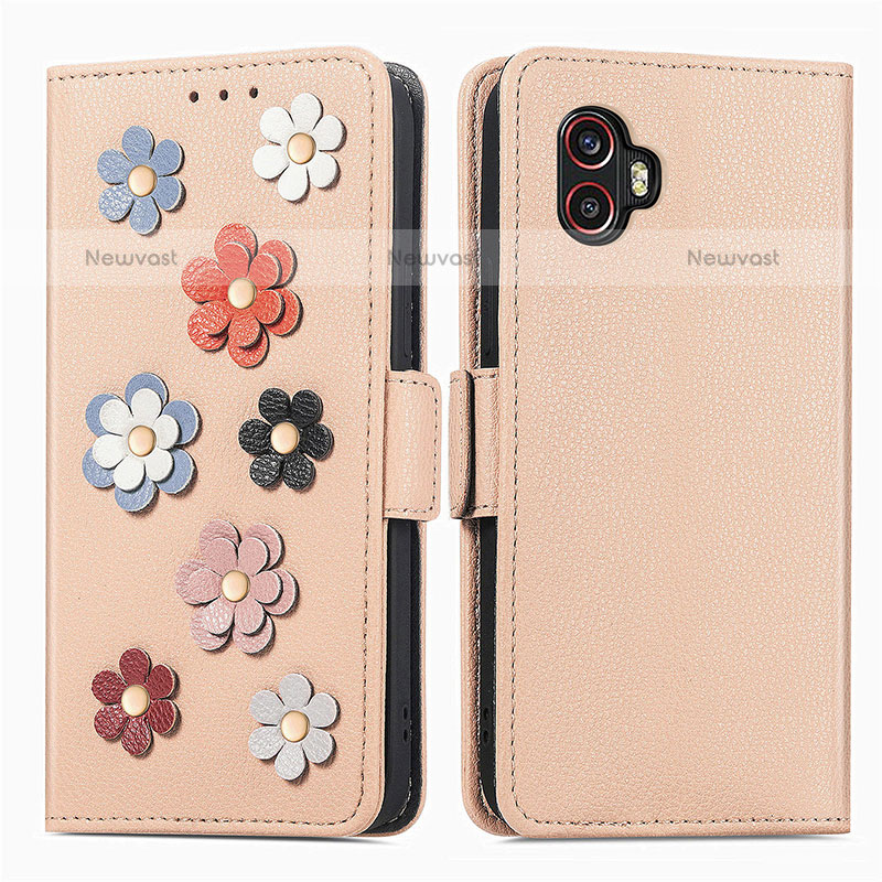 Leather Case Stands Flip Flowers Cover Holder S02D for Samsung Galaxy XCover 6 Pro 5G Khaki