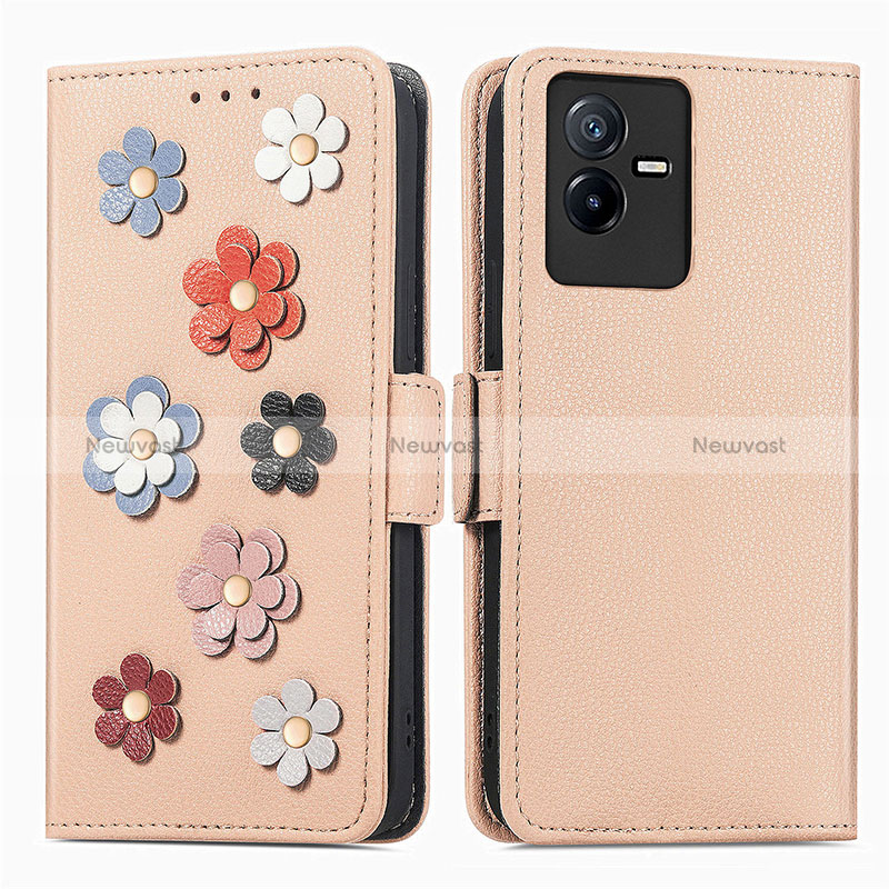 Leather Case Stands Flip Flowers Cover Holder S02D for Vivo T2x 5G