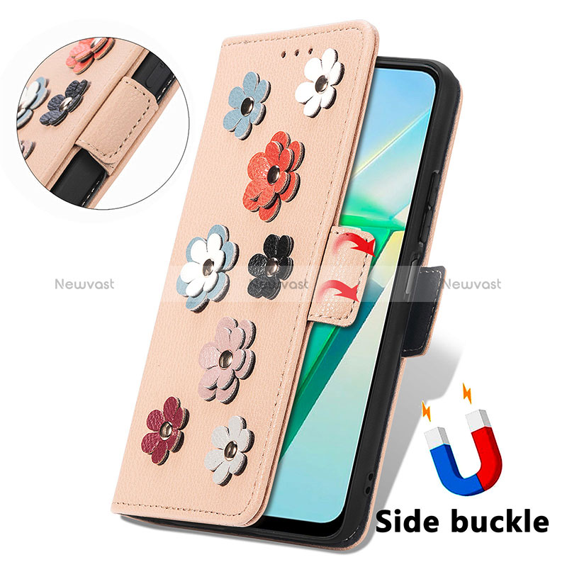 Leather Case Stands Flip Flowers Cover Holder S02D for Vivo T2x 5G