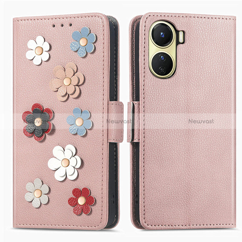 Leather Case Stands Flip Flowers Cover Holder S02D for Vivo Y16