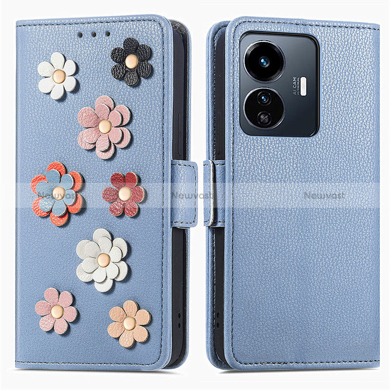 Leather Case Stands Flip Flowers Cover Holder S02D for Vivo Y77e 5G