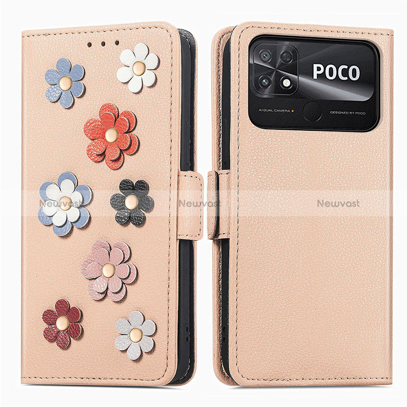 Leather Case Stands Flip Flowers Cover Holder S02D for Xiaomi Poco C40 Khaki
