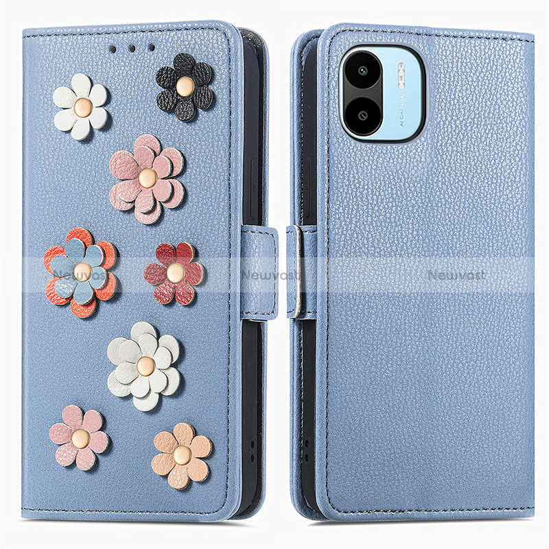 Leather Case Stands Flip Flowers Cover Holder S02D for Xiaomi Poco C51 Blue