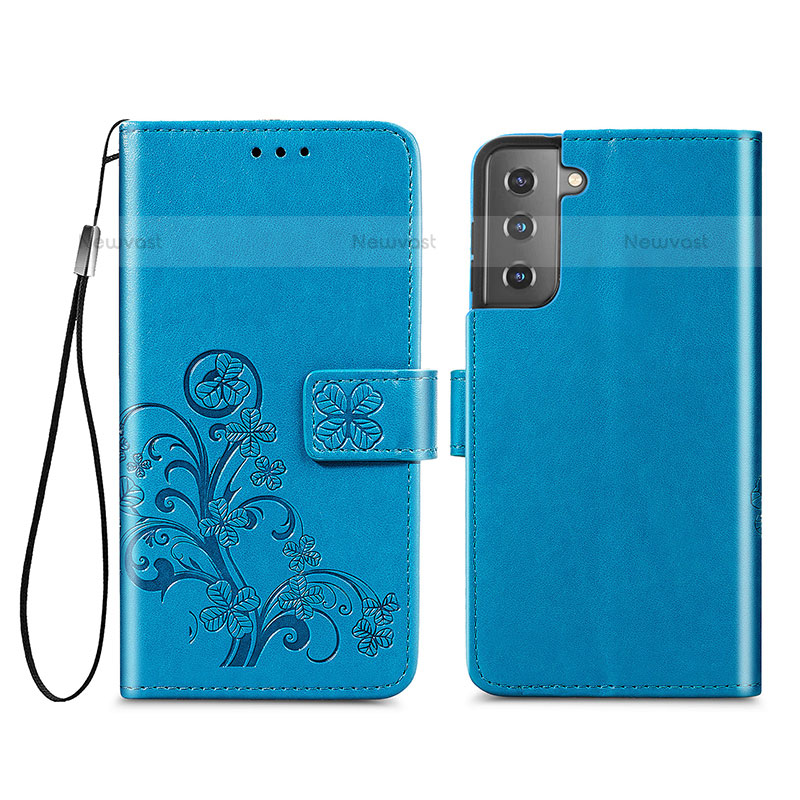 Leather Case Stands Flip Flowers Cover Holder S03D for Samsung Galaxy S21 Plus 5G Blue