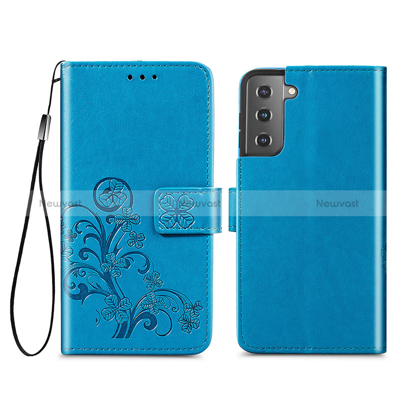 Leather Case Stands Flip Flowers Cover Holder S03D for Samsung Galaxy S24 Plus 5G Blue