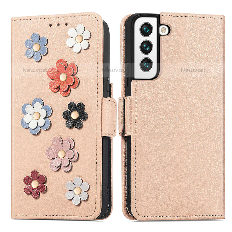 Leather Case Stands Flip Flowers Cover Holder S04D for Samsung Galaxy S21 5G Gold