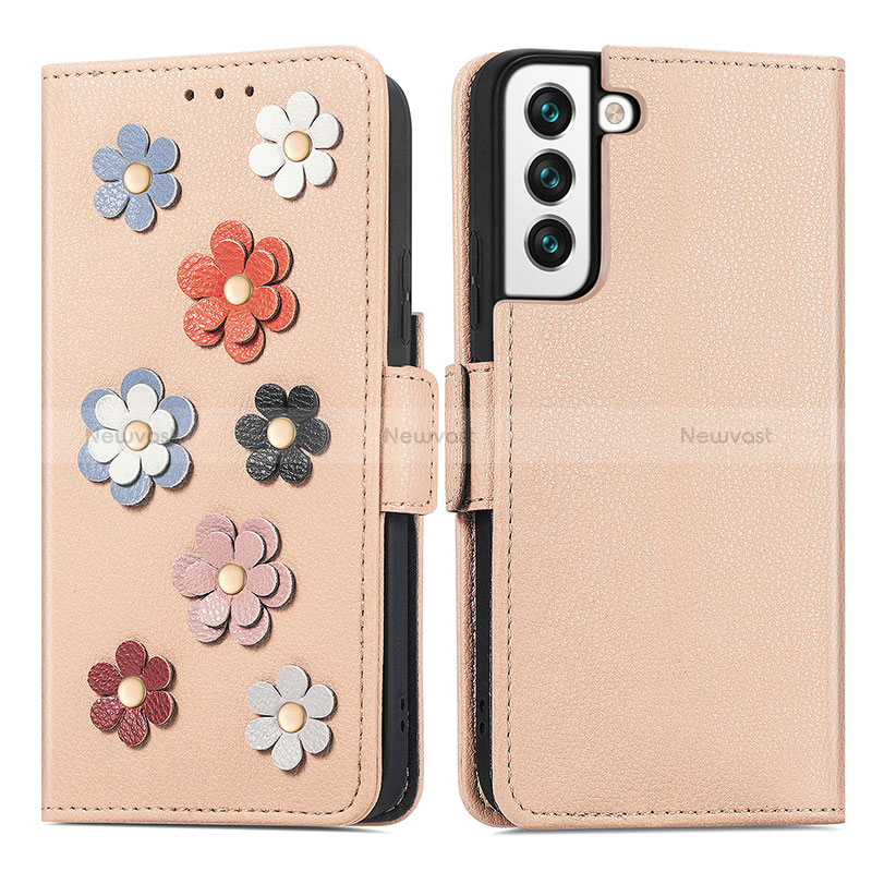 Leather Case Stands Flip Flowers Cover Holder S04D for Samsung Galaxy S22 Plus 5G Gold