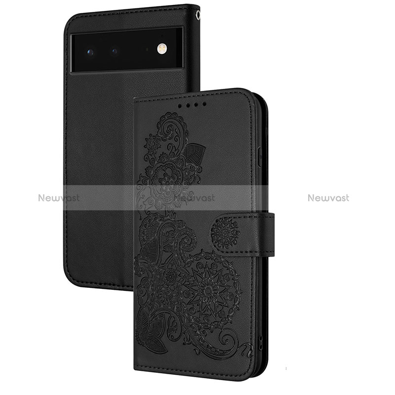 Leather Case Stands Flip Flowers Cover Holder Y01X for Google Pixel 6 Pro 5G Black