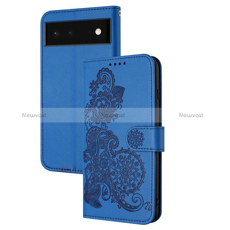 Leather Case Stands Flip Flowers Cover Holder Y01X for Google Pixel 6 Pro 5G Blue