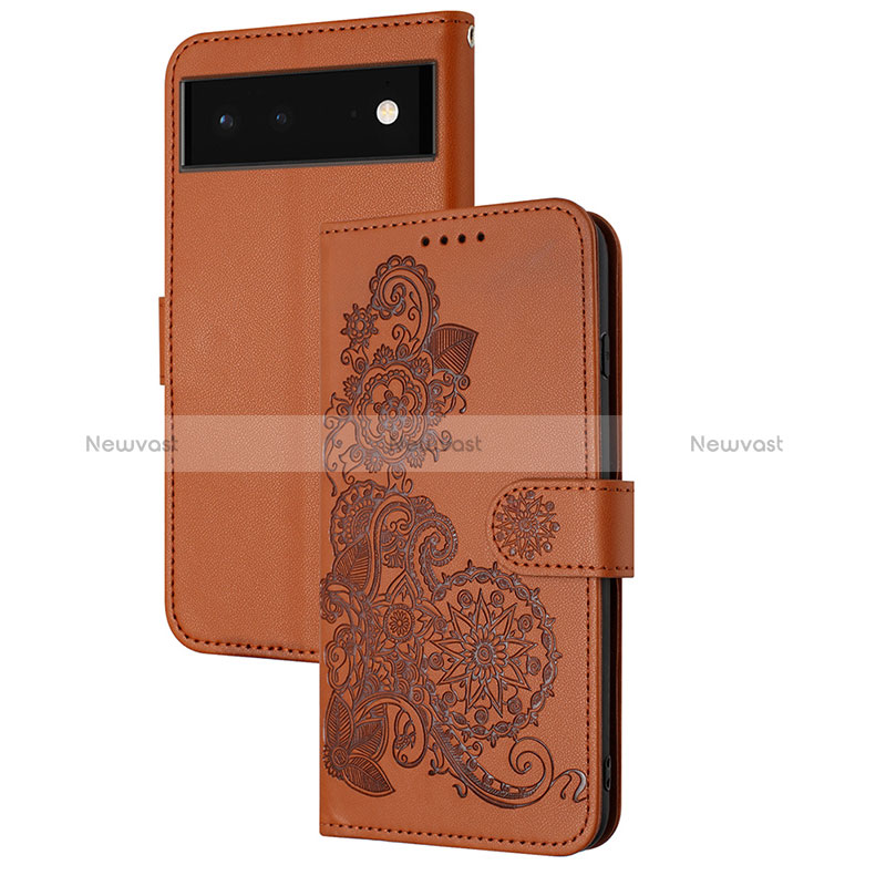 Leather Case Stands Flip Flowers Cover Holder Y01X for Google Pixel 6 Pro 5G Brown