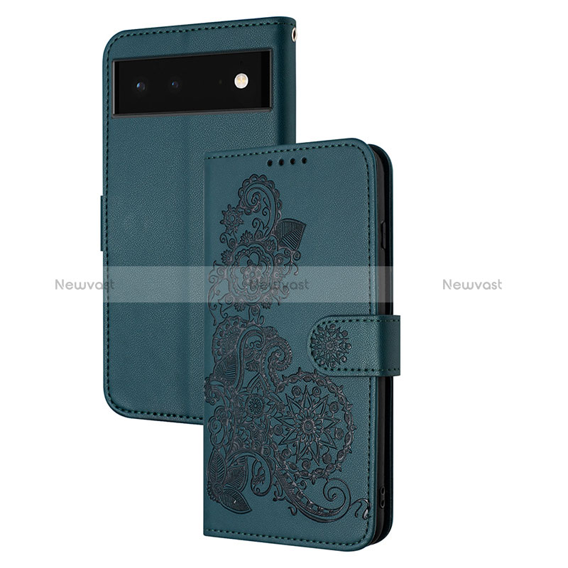 Leather Case Stands Flip Flowers Cover Holder Y01X for Google Pixel 6 Pro 5G Green