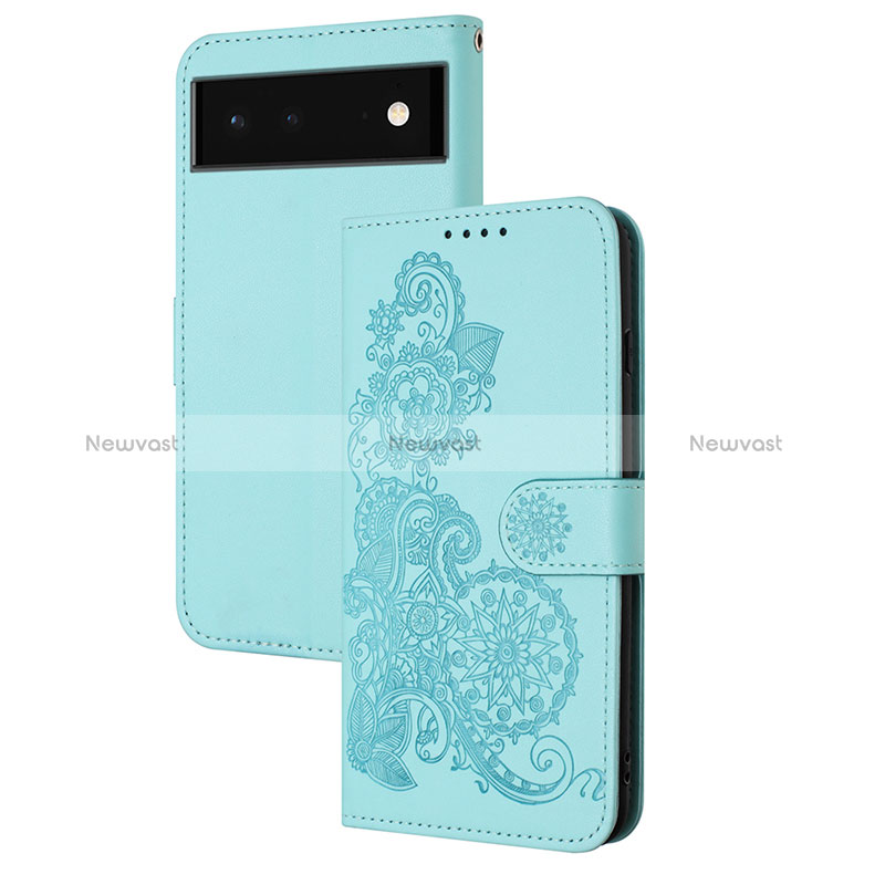 Leather Case Stands Flip Flowers Cover Holder Y01X for Google Pixel 6 Pro 5G Mint Blue