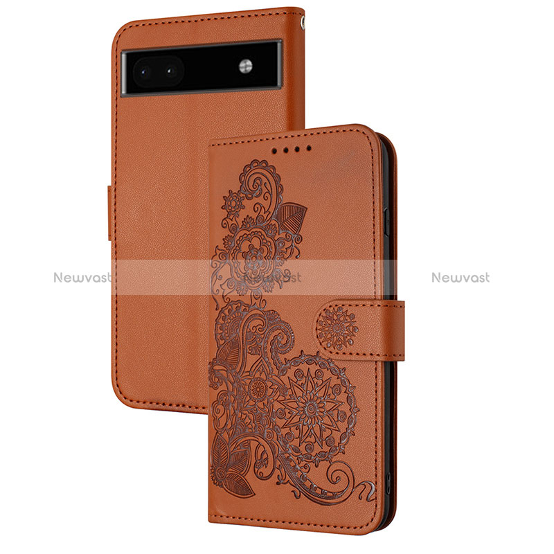 Leather Case Stands Flip Flowers Cover Holder Y01X for Google Pixel 6a 5G Brown