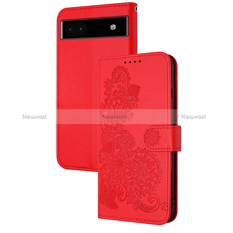 Leather Case Stands Flip Flowers Cover Holder Y01X for Google Pixel 6a 5G Red