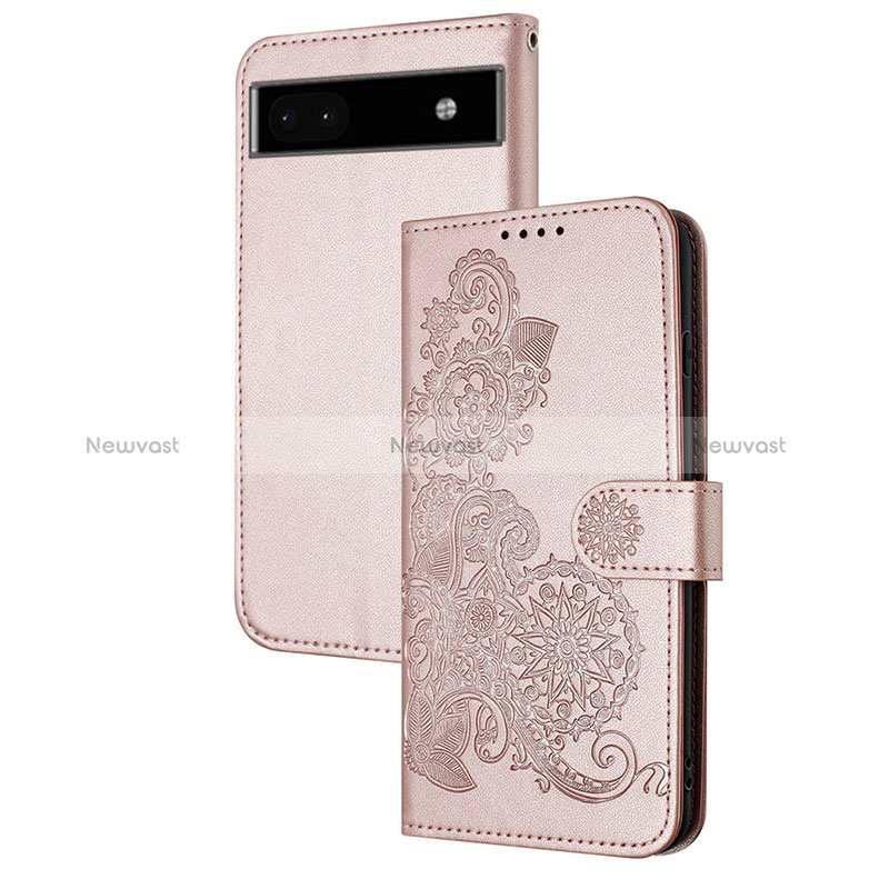 Leather Case Stands Flip Flowers Cover Holder Y01X for Google Pixel 6a 5G Rose Gold