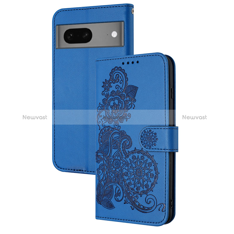 Leather Case Stands Flip Flowers Cover Holder Y01X for Google Pixel 7 5G Blue